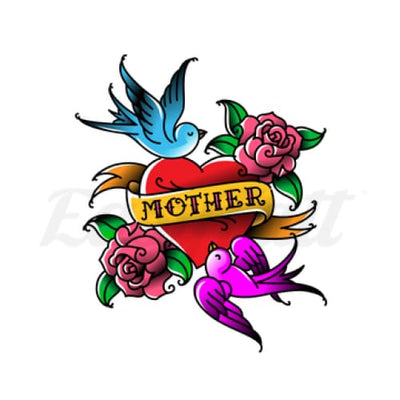 Mother Heart Roses and Swallow - Temporary Tattoo