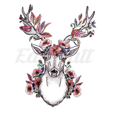 Red Flowers Deer - Temporary Tattoo